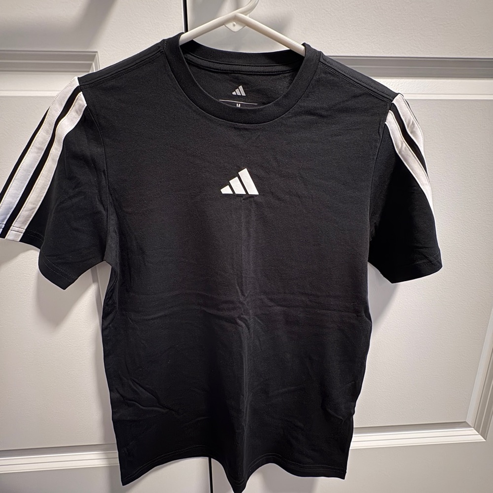 Adidas Men's Black Crewneck Tee with White Stripe Detail